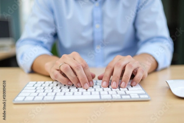 Fototapeta person typing on a computer keyboard at a desk