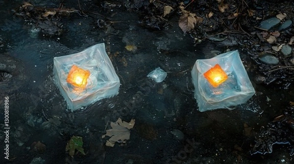 Fototapeta Water lanterns illuminate stream casting warm glow on dark water and surrounding foliage