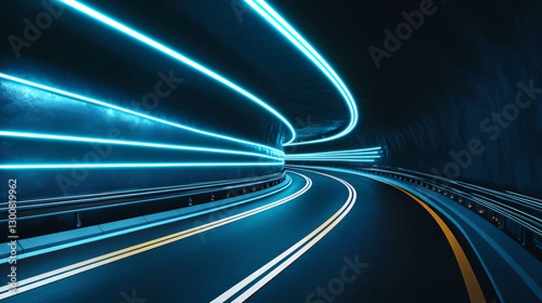 Fototapeta Curved Road with Blue Light Trails in Tunnel
