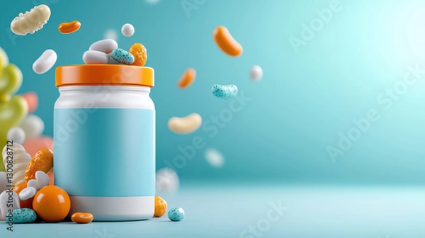 Obraz colorful probiotic bottle with floating capsules and pills symbolizes gut health. vibrant background enhances playful and dynamic concept of wellness and nutrition