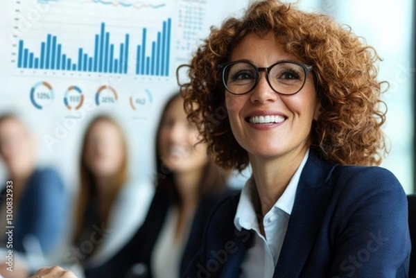 Fototapeta Professional Woman in Business Attire Smiling at Team Meeting With Data Charts