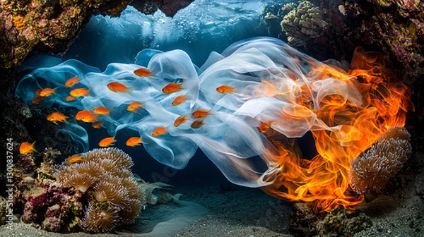 Fototapeta Underwater Flames and Floating Fish in a Hidden Cave