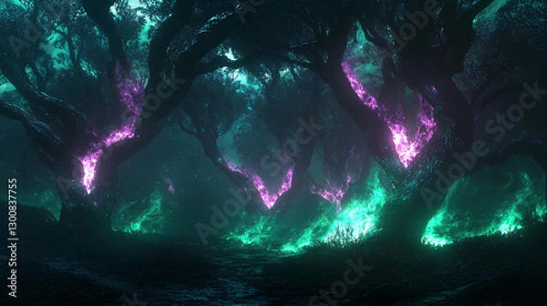 Fototapeta Mystical Fire Trees Radiating Purple and Green Flames in the Night