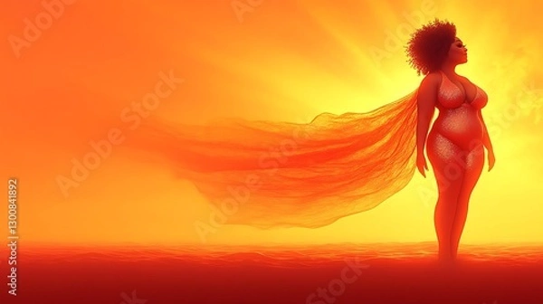 Fototapeta Plus-size woman in flowing fabric at sunset