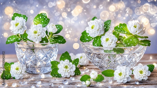 Obraz Elegant white chrysanthemums in a crystal vase with dewdrops on petals, set in a moody atmosphere with soft mist and dramatic lighting. A minimal and aesthetic floral scene