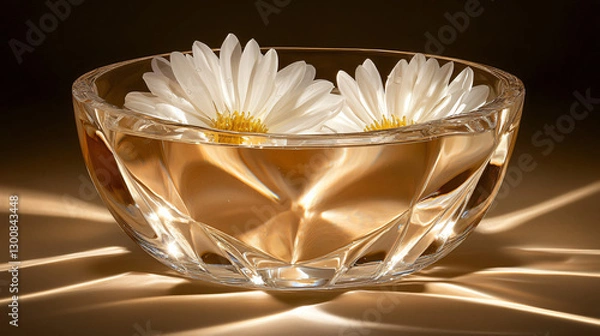 Obraz Close-up of white chrysanthemums with dewdrops in a crystal vase, illuminated by dramatic side lighting against a dark misty background. Elegant and moody floral arrangement.
