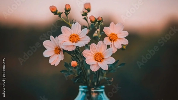 Obraz Minimalist floral still life of white chrysanthemums in a crystal vase with morning dew, set against a dark moody background with soft mist and dramatic lighting.