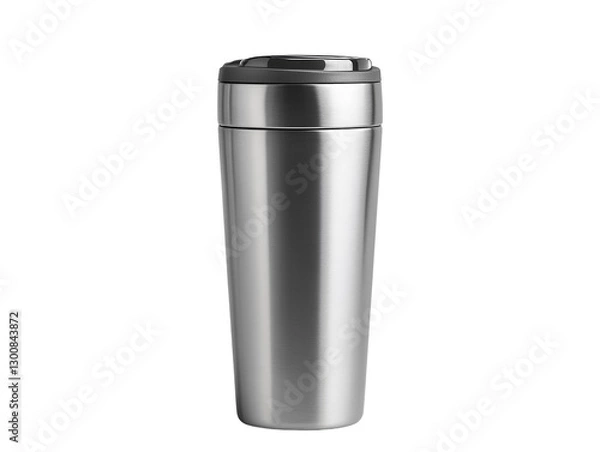 Fototapeta A sleek stainless steel travel mug with a matte finish, placed upright on a solid white background, isolated in PNG format, ideal for beverage, travel, and lifestyle designs.


