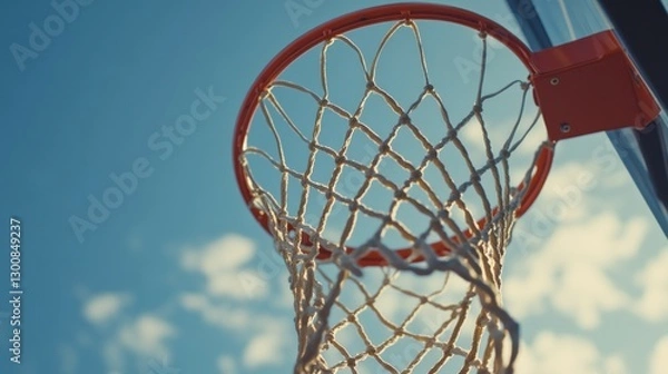 Obraz A close-up view of a basketball hoop against a clear blue sky.
