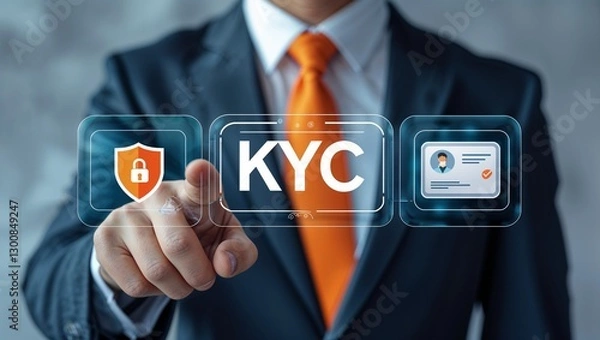 Fototapeta Business man working on virtual touch screen presses abbreviation: KYC. Concept of KYC Know Your Customer. E-KYC Marketing Client Identification Technology. man