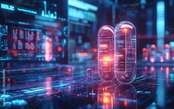 Fototapeta Futuristic glowing medical capsules and pills in a digital pharmacy setting, surrounded by holographic health data, hightech screens, and a clean, modern virtual space