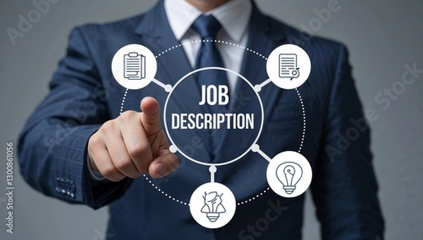 Fototapeta Businessman using virtual touchscreen presses the inscription: JOB DESCRIPTION. Concept of job description. General tasks, duties, skills,new