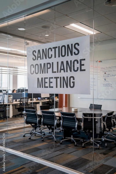 Fototapeta Sanctions compliance meeting being held in modern office setting during working hours
