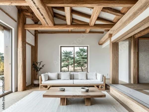 Obraz A minimalist wooden interior space with a sofa and natural light