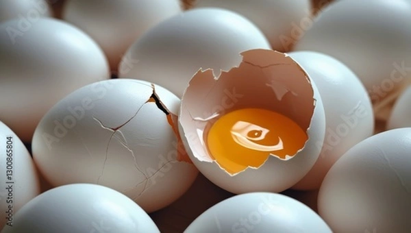Fototapeta Close-up of White Eggs with One Broken Egg Showing Yolk, Generative AI
