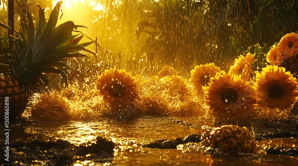 Obraz Dynamic splashes of water mixed with delicate petals shimmer under golden sunlight, highlighting the essence of Thailand’s Songkran festival and its festive tropical ambiance.