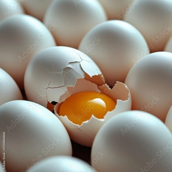 Fototapeta Close-up of White Eggs with One Broken Egg Showing Yolk, Generative AI