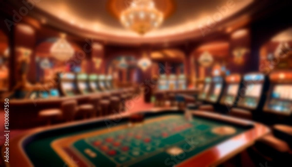 Fototapeta A blurred image of a busy casino interior, with rows of slot machines and gaming tables, creating a vibrant atmosphere of excitement and entertainment.