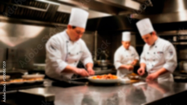 Fototapeta A blurry image of three chefs working in a kitchen, preparing dishes with professional kitchen tools, creating a busy and focused cooking environment.