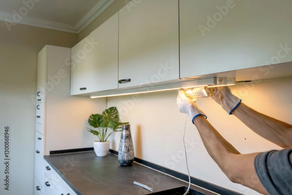 Fototapeta Installing under-cabinet lighting in a modern kitchen with stylish decor