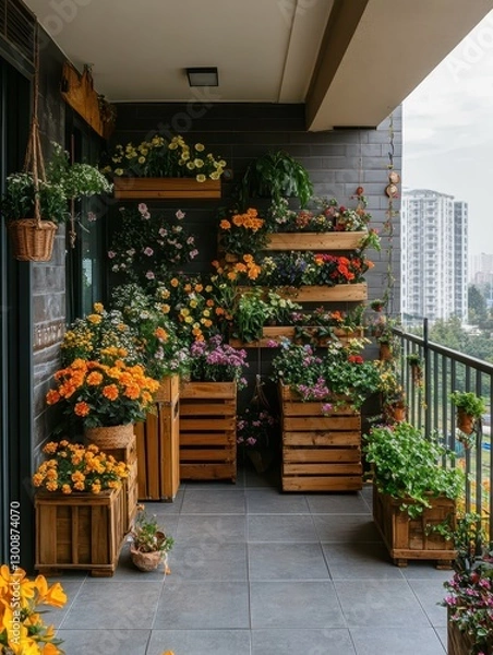 Obraz A balcony showcasing abundant colorful flowers and wellmaintained plants