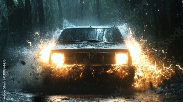 Fototapeta SUV splashing through muddy forest puddle at night