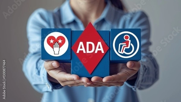 Fototapeta Man holding blocks with icons sees abbreviation: ADA. ADA Americans with Disabilities Act concept