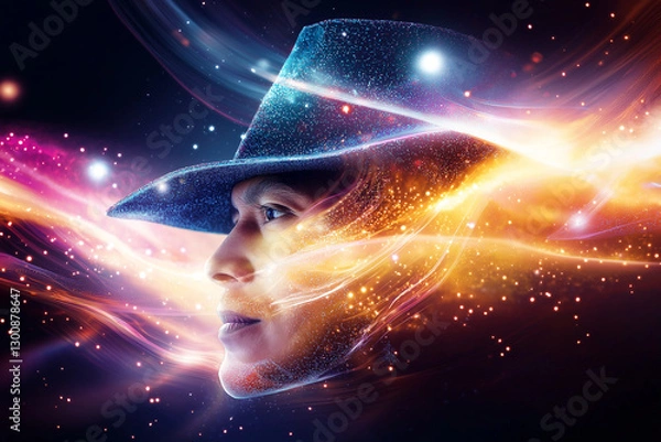Fototapeta captivating abstract illustration featuring shamanic figure adorned with sparkling hat, surrounded by vibrant cosmic swirls and luminous particles, evoking sense of mysticism and wonder