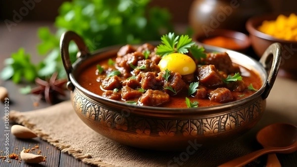 Fototapeta A mouthwatering plate of kadai gosht, a popular Indian dish, sitting on a rustic wooden table, garnished with fresh cilantro and a sprinkle of garam masala, with tender pieces of lamb or goat cooked i