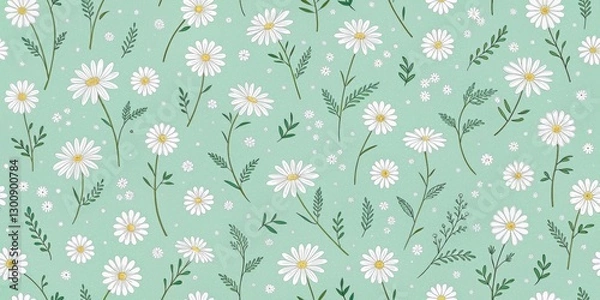 Fototapeta a repeating pattern featuring daisies and leaves on light green background. This image evokes a sense of nature, freshness, and delicate beauty.