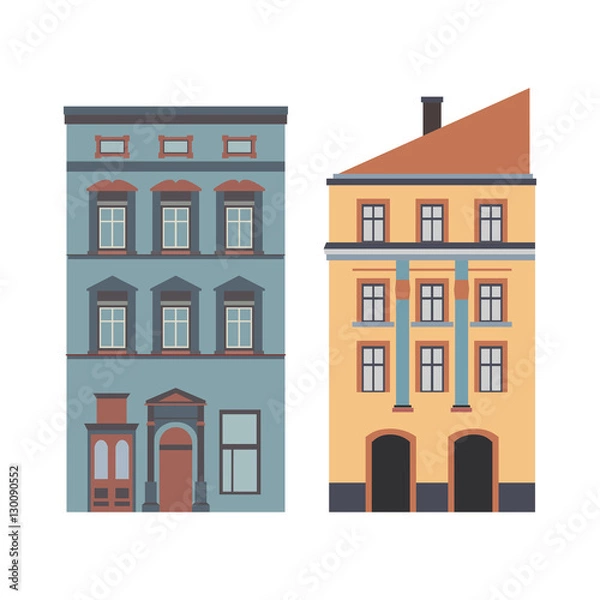 Fototapeta Beautiful detailed cartoon cityscape collection with townhouses. Small town street  victorian building facades. Template for web, graphic, game and motion design. Vector illustration