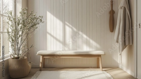 Fototapeta The modern Nordic style entrance hall features neutral tones, wooden embellishments with benches, and cream tones. Minimalist interior design that combines functionality with elegant beauty.