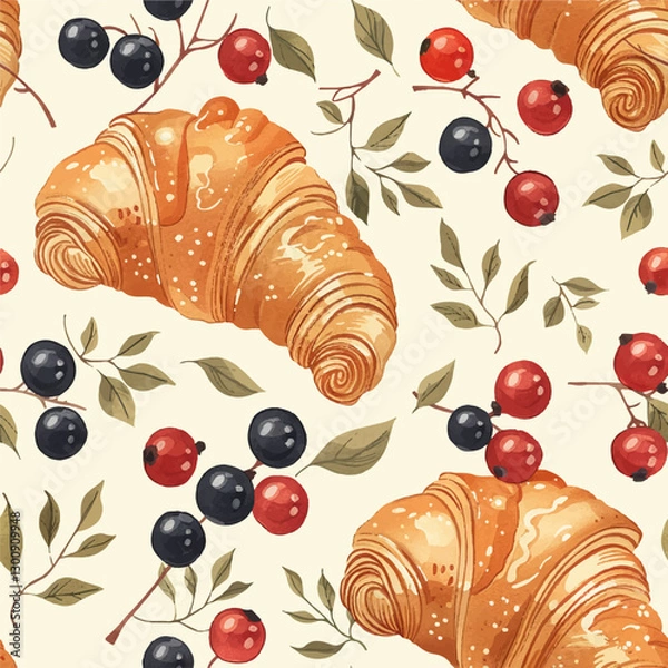 Fototapeta Sweet seamless pattern croissants and berries on a light background