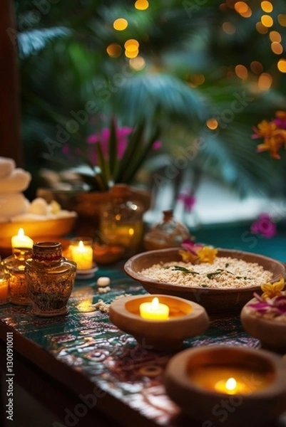 Fototapeta A vibrant Ayurvedic spa setting with oils, candles, and a therapist preparing for treatment