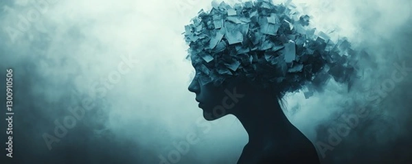Fototapeta Emotional distress visualized as silhouette of a troubled person s head, anxiety and negative emotion concept, waste paper symbolizing mental clutter, moody and dark atmosphere