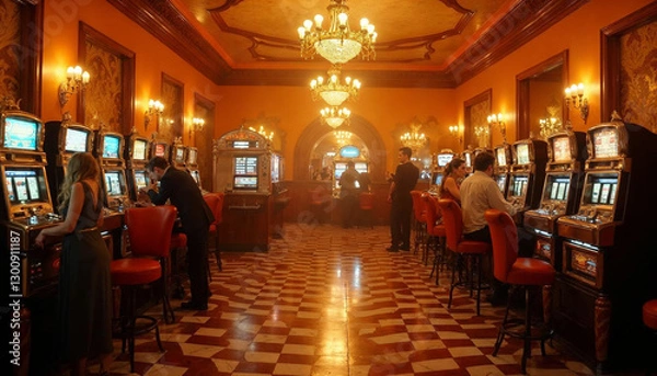 Fototapeta A bustling casino floor with a roulette table, slot machines, and colorful lighting, capturing the lively atmosphere of the gaming experience.