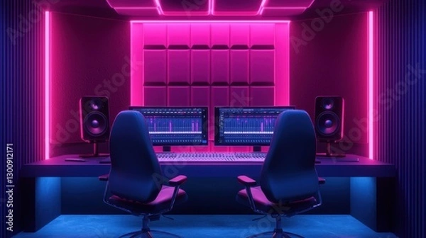 Fototapeta Modern Music Production Studio with Neon Lighting and Dual Monitors in a Creative Space