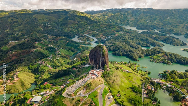 Fototapeta Breathtaking Aerial View of Guatape Rock and Surrounding Lake Scenery in Antioquia, Colombia