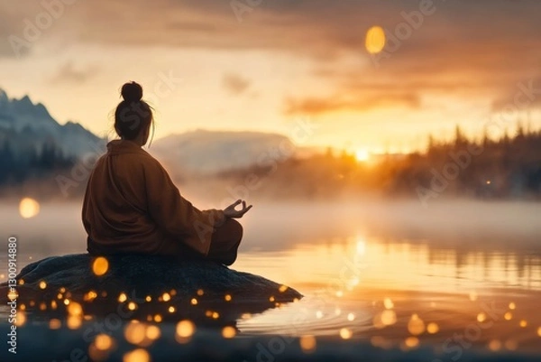 Fototapeta A solitary ninja meditating on a rock in a tranquil river, with mist rising and the glow of dawn on the horizon
