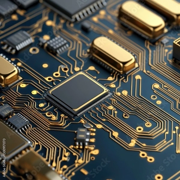 Fototapeta Close-up View of a Complex Circuit Board Design Showcasing Intricate Connections and Golden Components