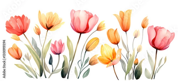 Fototapeta Beautiful watercolor tulip flowers on a white background, capturing the essence of spring. Ideal for seasonal designs, invitations, and decor