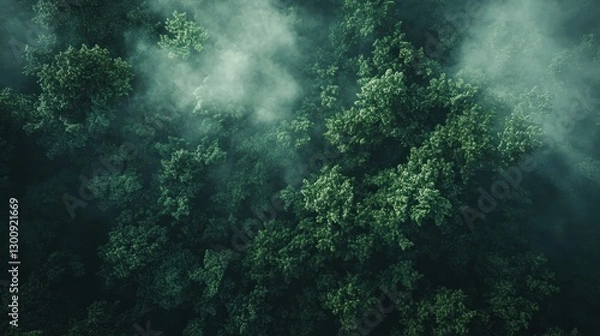 Obraz Aerial view of a dense rainforest with mist covering the canopy