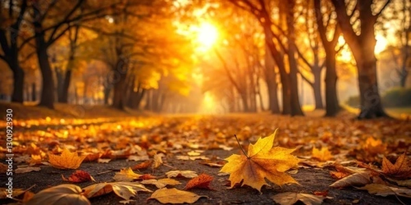 Fototapeta Golden Autumn Sunlight Illuminates a Pathway Through a Canopy of Trees, Strewn with Fallen Leaves