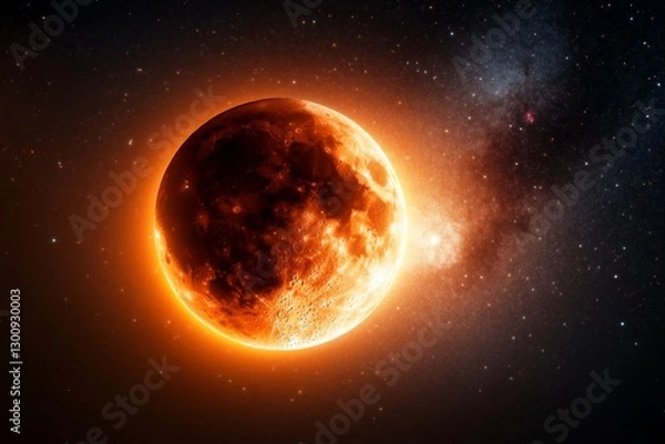 Fototapeta A celestial view of the lunar eclipse, with stars and galaxies faintly visible around the moon reddish glow
