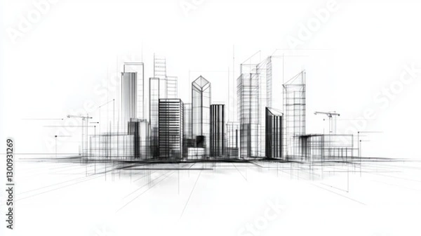 Fototapeta Modern Architectural Vision of Urban City Skyline with Abstract Structural Design Elements and Construction Activities