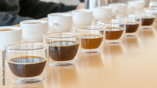 Fototapeta Coffee decaf smooth rich. A row of clear glasses filled with varying coffee brews, set against a neutral background, showcasing different hues of brown.