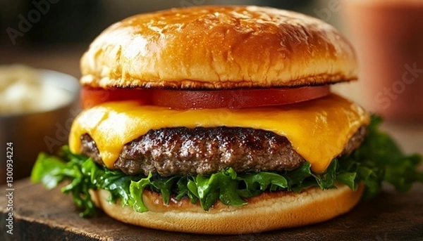 Fototapeta A delicious cheeseburger with fresh toppings on a toasted bun