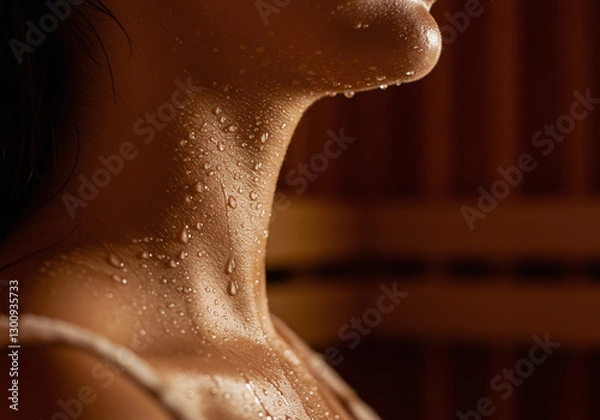 Obraz サウナで汗をかいている女性の首元をクローズアップ・発汗・デトックス・美容・リラックス