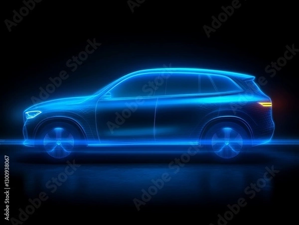 Fototapeta A digitally rendered car design presented with glowing blue lines