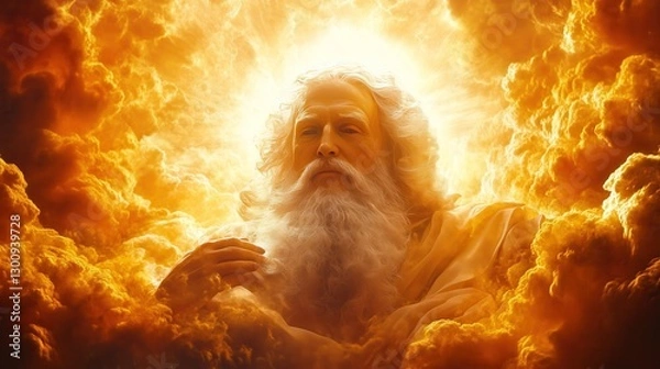 Obraz God looking down from the heavens, surrounded by golden clouds